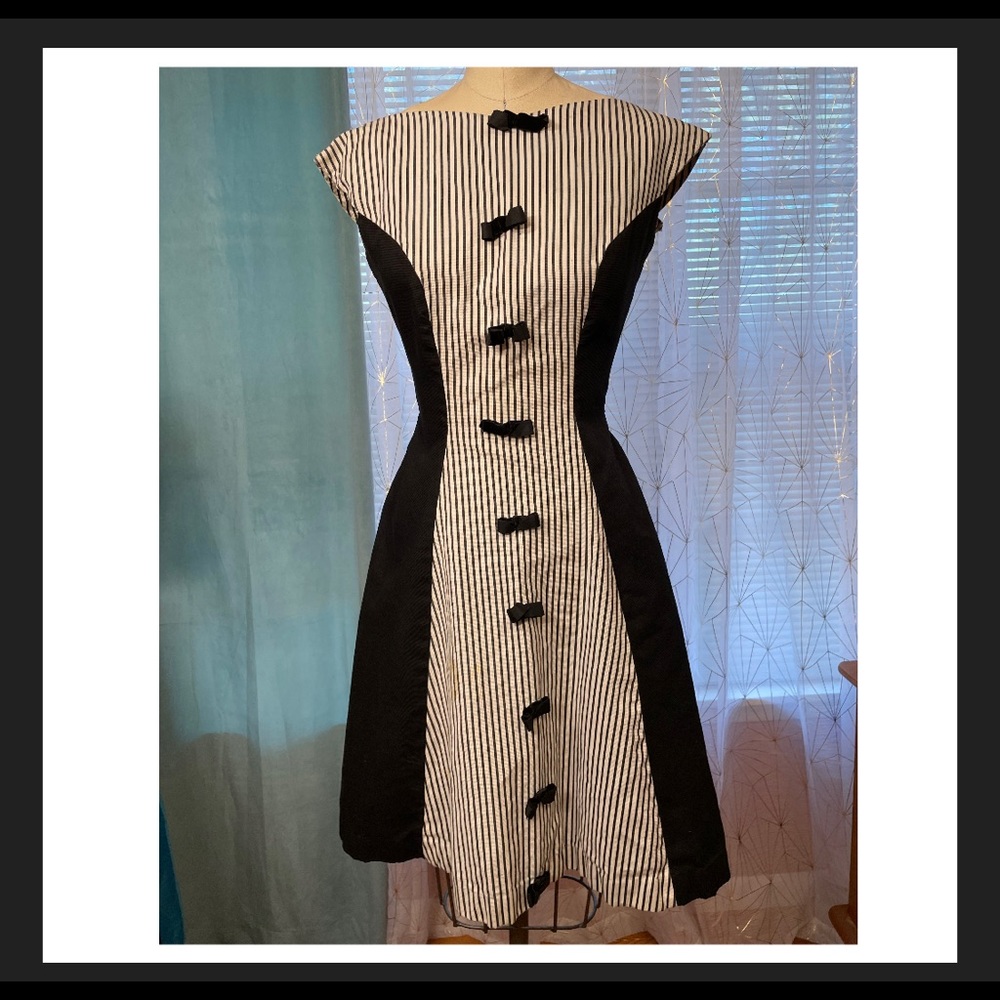 Vintage Small black white stripe bows dress VTG swing Vlv gothic beetle juice